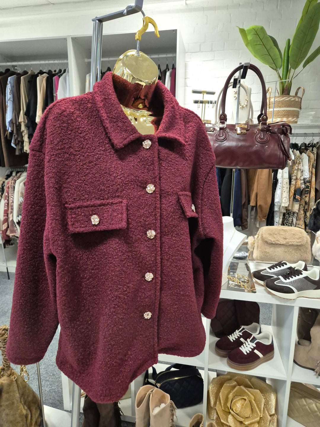 Betty Boucle Jacket with Gold Buttons - Wine (One Size/Curvy - fits Size 12 to Size 18)