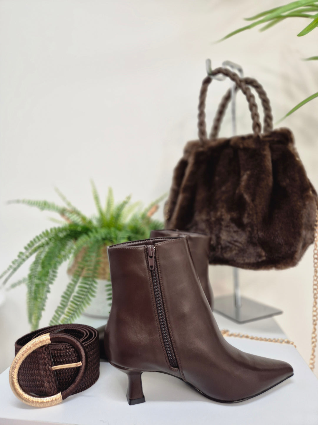 Mayfair Faux Leather Ankle Boots with Low Block Kitten Heel - Chocolate (choose your Size)