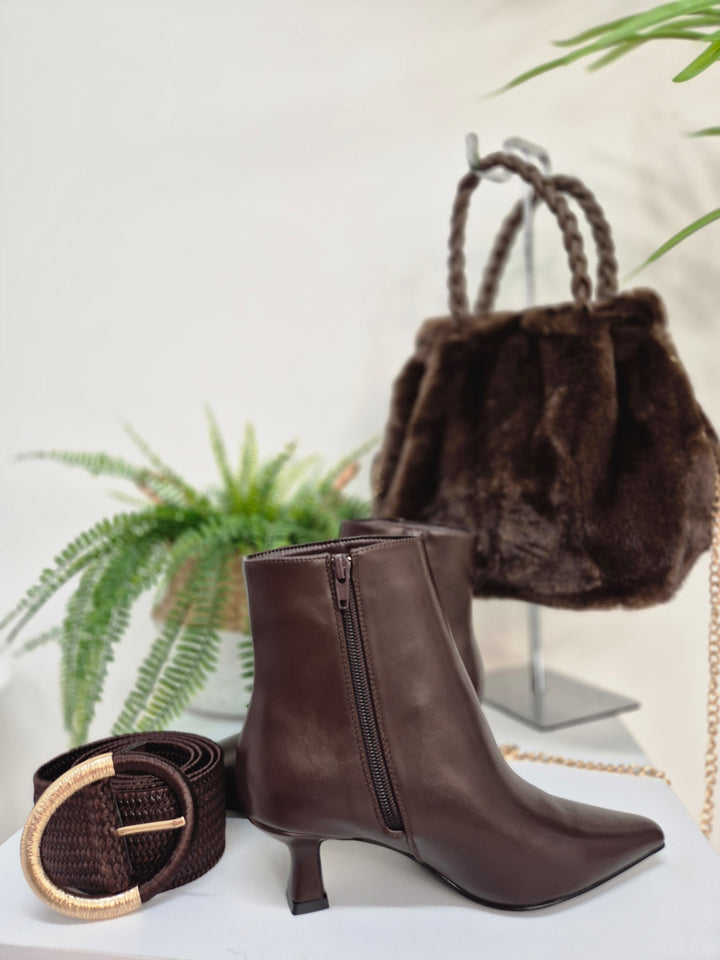 Mayfair Faux Leather Ankle Boots with Low Block Kitten Heel - Chocolate (choose your Size)