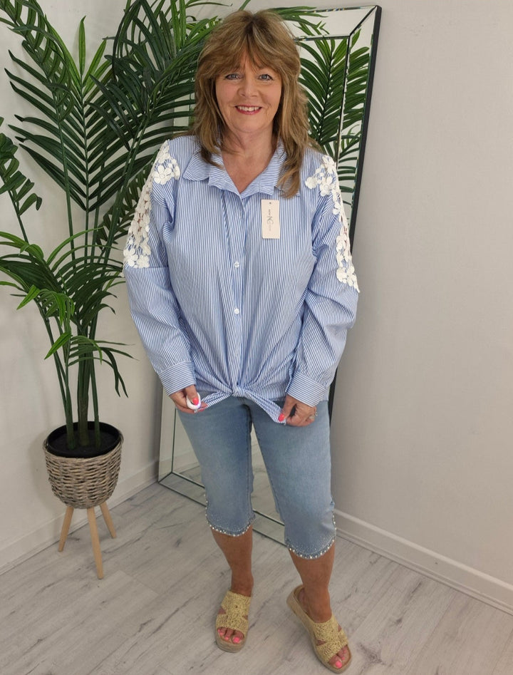 Daisy Lace Sleeve Pin Stripe Blouse - Blue/White - (Oversized)