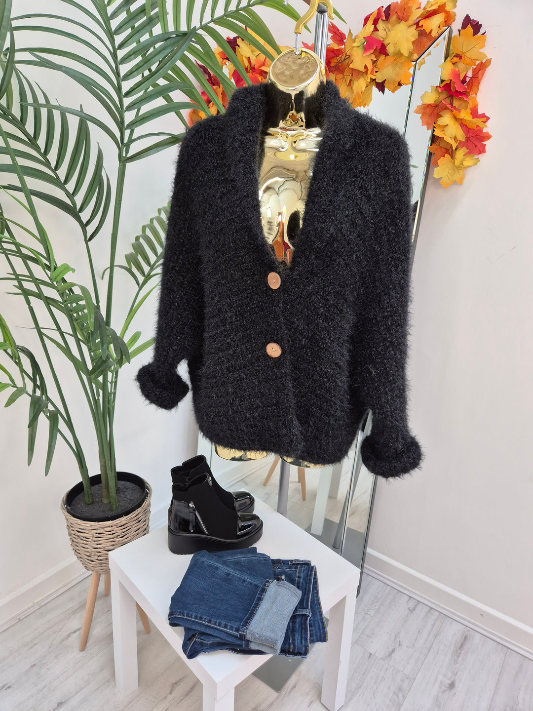 Finley Fluffy Cardigan  - Black (One Size - fits up to Size 14/16)