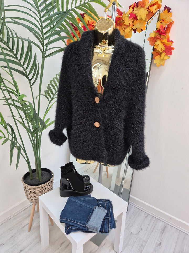 Finley Fluffy Cardigan  - Black (One Size - fits up to Size 14/16)