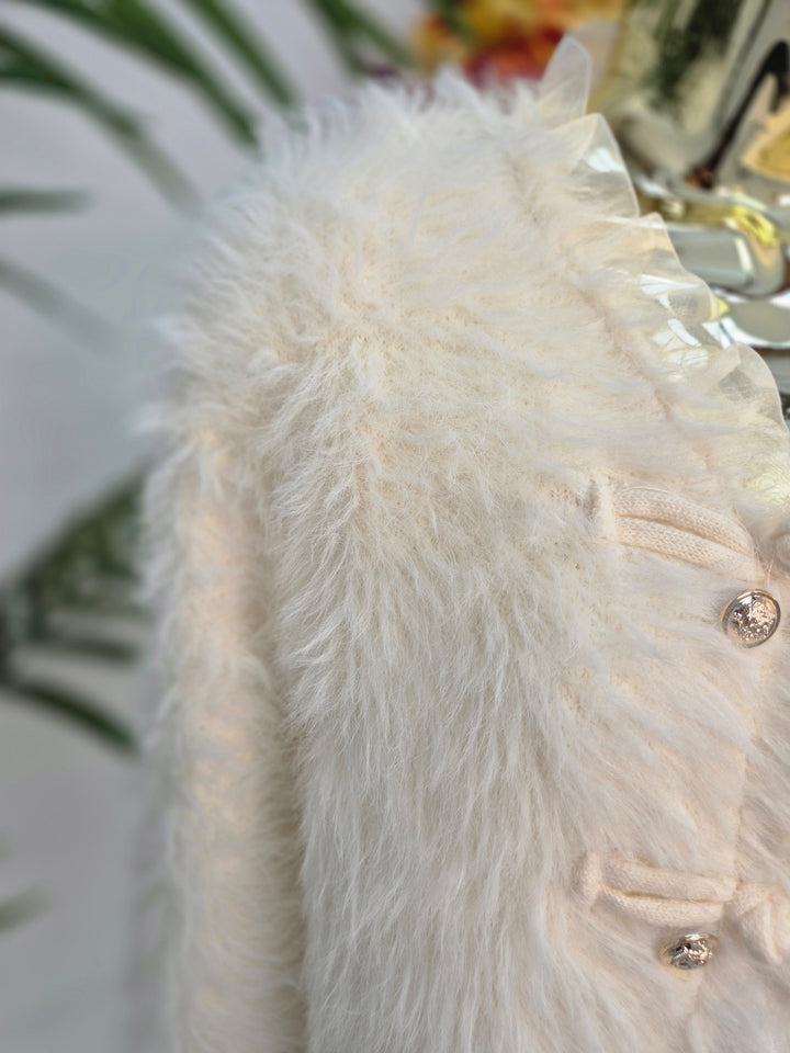 Oslo Fluffy Baroque Buttoned Cardigan - Cream (One Size, fitting from Size 10 up to Size 16)