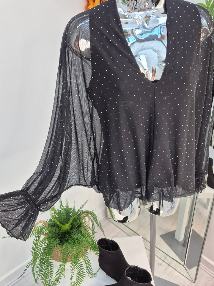 Christina Diamante V Neck & V Back Top - Black (One Size fitting from Size 8 up to Size 16)