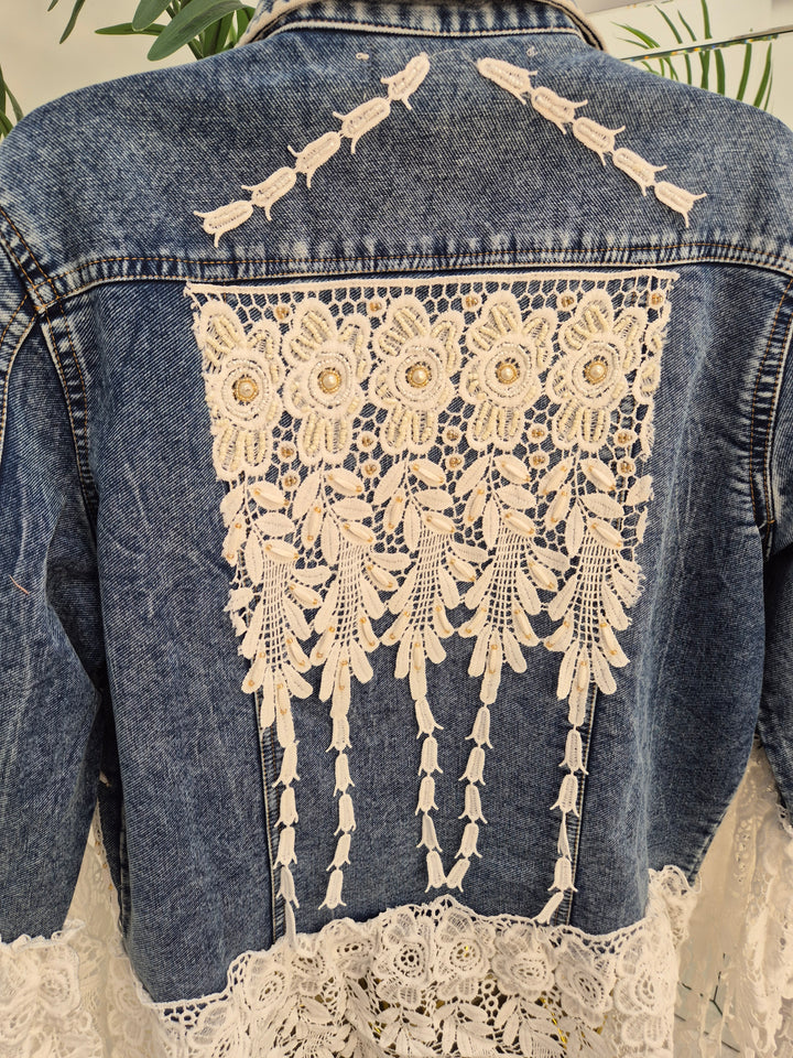 Elle Lace Tassel Denim Jacket - Mid Stonewashed (One Size, fitting from Size 10 up to 14)
