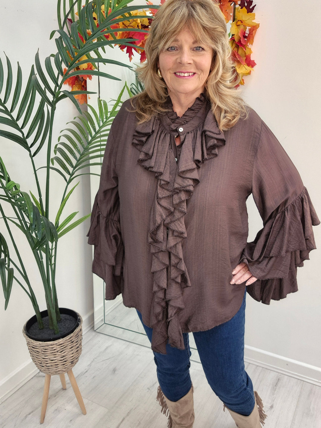 Rhea Ruffle Blouse - (One Size, fits from Size 14 up to Size 18/20) - Chocolate