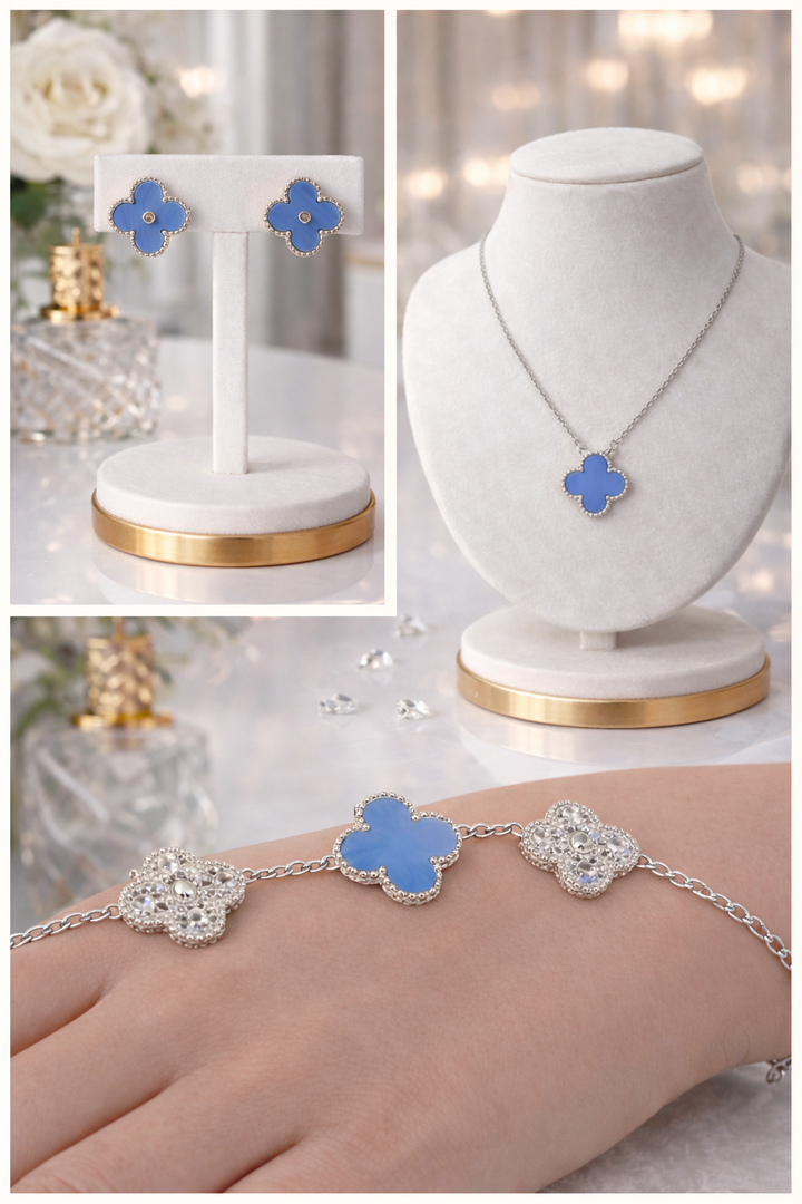 Clover Necklace, Earrings & Bracelet Set - Blue (Silver Tone)