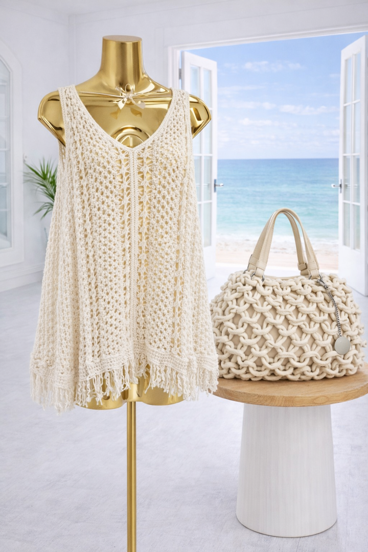 Tuscany Crochet Tassel Top with Fringing - White (One Size, fits from Size 10 up to Size 16)