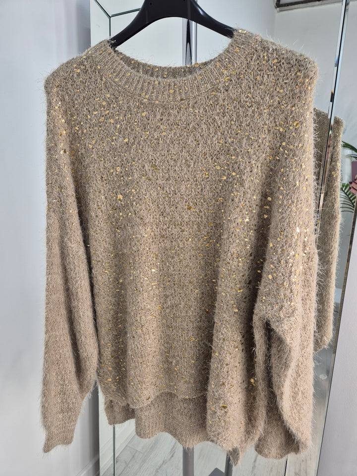 Gold Foil Sparkle Jumper - Biscuit (One Size, fits Size 10 up to Size 16)