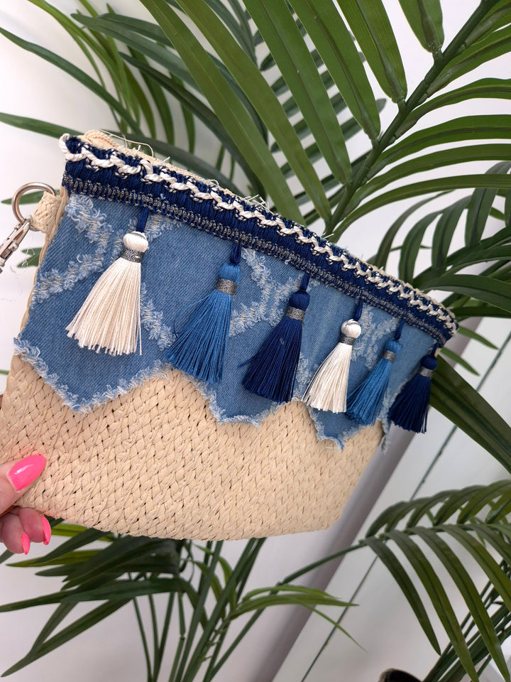 Boho Denim & Tassels Clutch Bag - Denim
