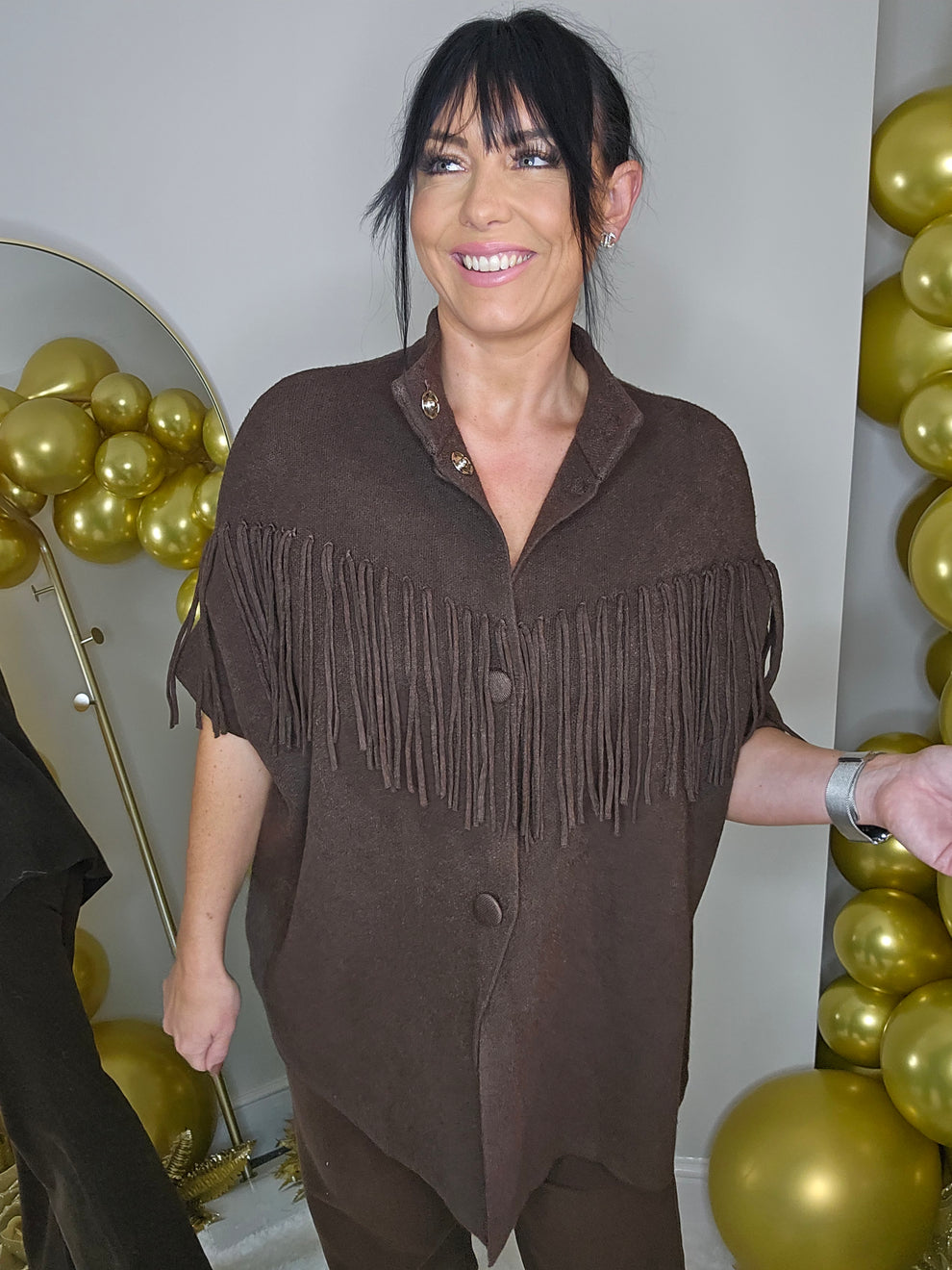 Broadway Fringed Cosy Knit Jacket - Chocolate - (Oversized - fits Size 14 to Size 18/20