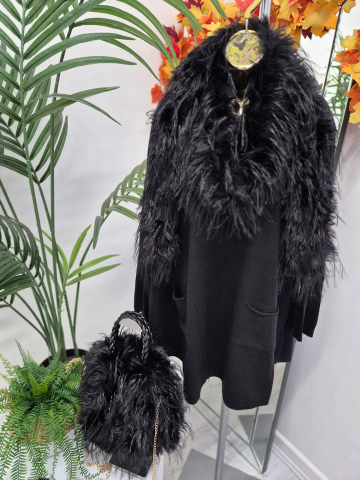 Oslo Faux Fur Shaggy Fingerless Gloves/Cuffs - Jet Black