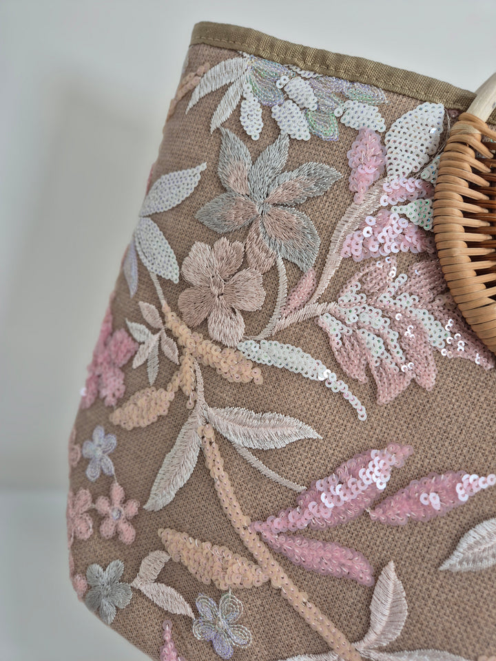 Floral Sequins Bamboo Bag - Pink