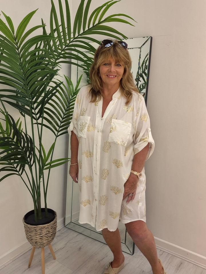 Ibiza Tree of Life Shirt Dress - White/Gold (Loose Fit)
