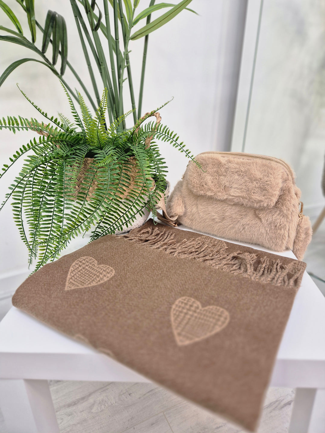 Hearts Oversized Scarf with Fringing - Chocolate