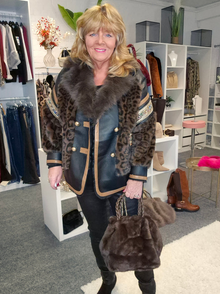 Oslo Faux Fur/Faux Leather Jacket - Chocolate Leopard - (Oversized fits Size 14 to Size 16/18)