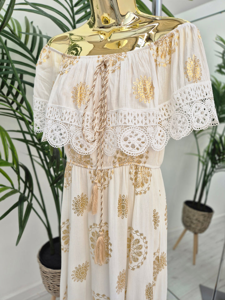 Ibiza Florals Bardot Dress - White/Gold (One Size, fits up to Size 16)