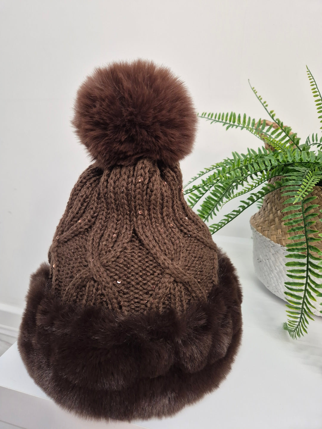 Oslo Fur Fur Pom Pom Hat with Sequins - Chocolate