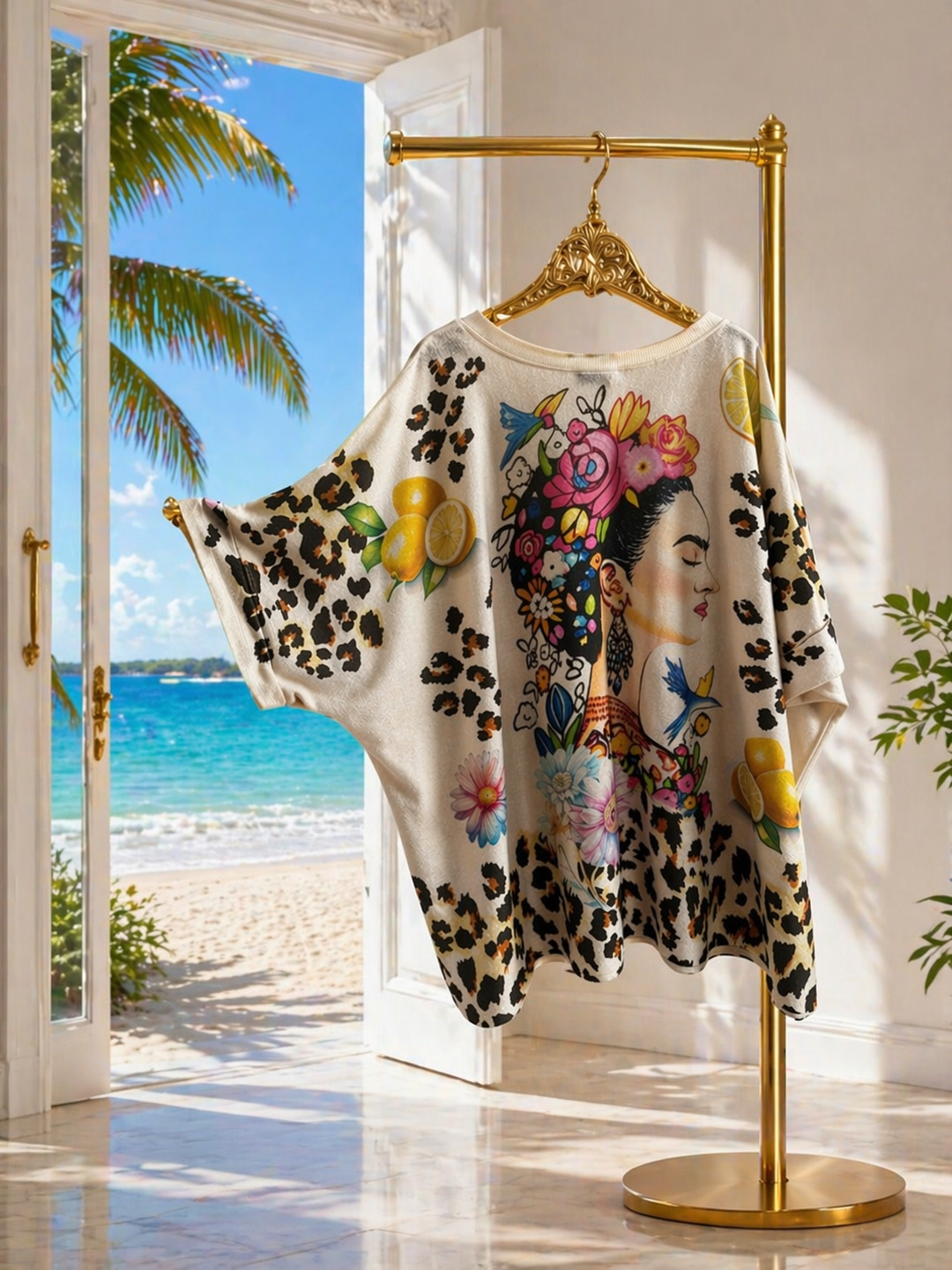 Carla Shimmer Oversized Top - Frida Kahlo with Gold Foil (One Size/Curvy fitting from Size 14/16 up to Size 20/22)