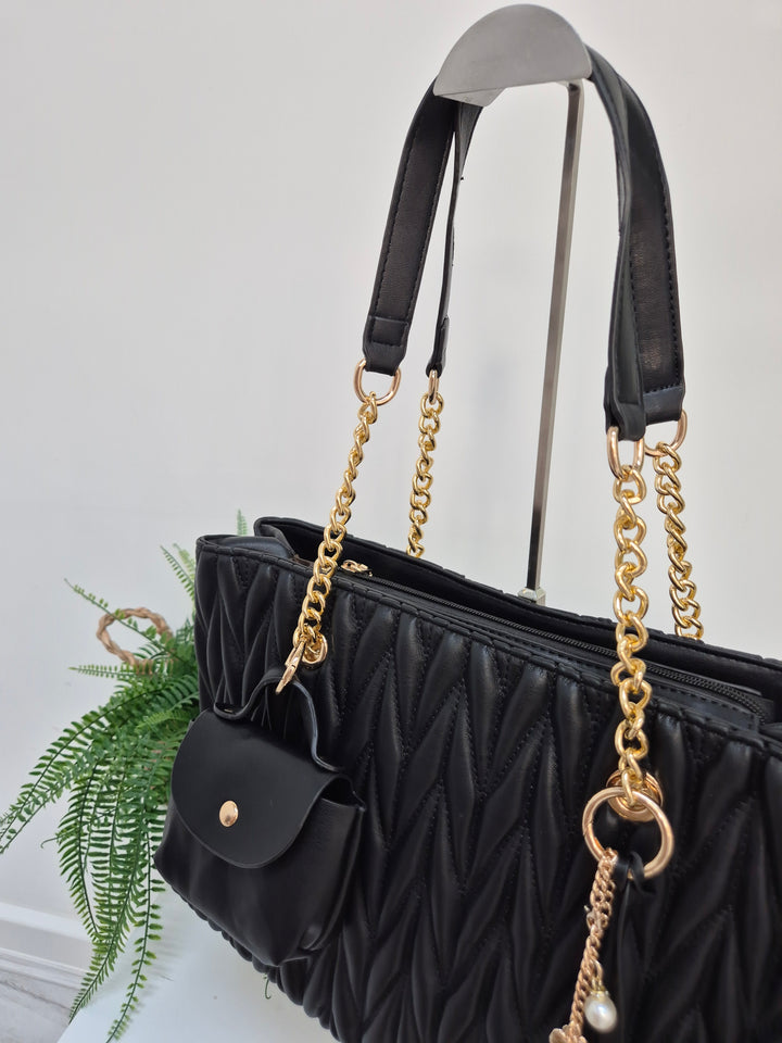 Alexis Quilted Faux Leather Bag with Charms - Black
