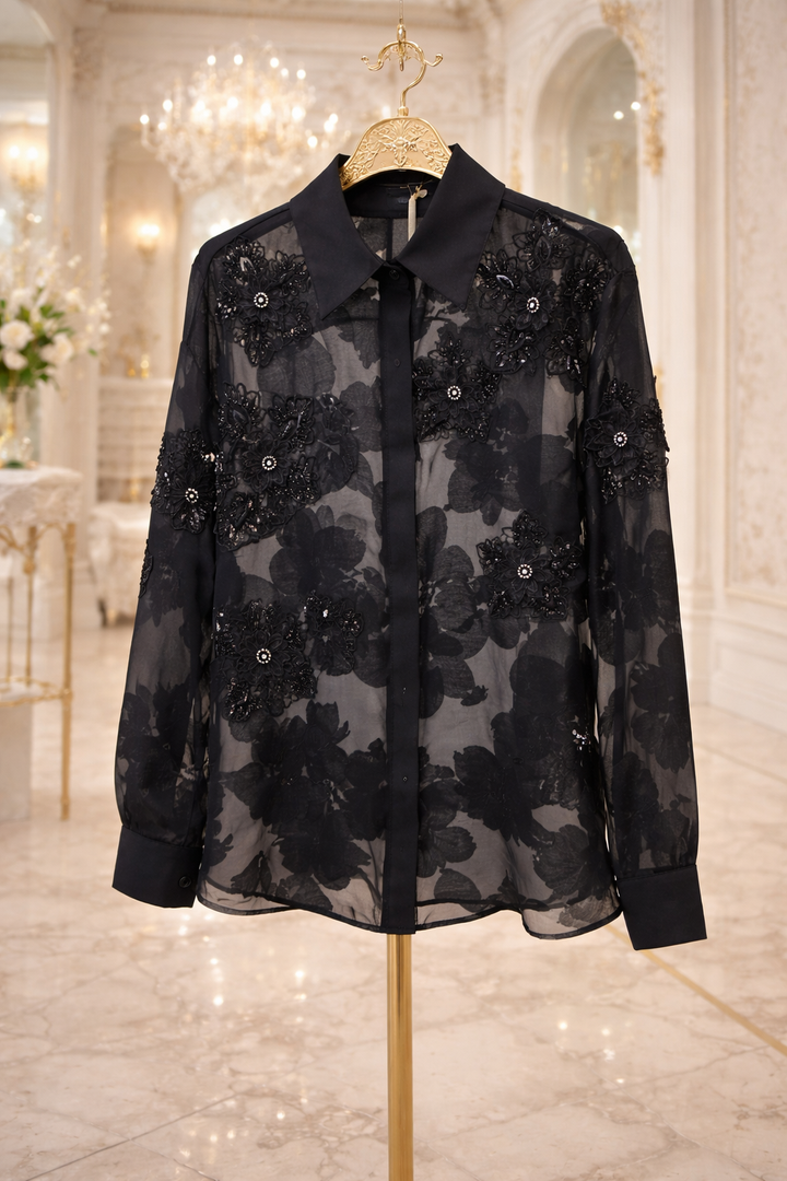 Valencia Ornate Blouse with Crystals & 3D Applique Sparkle - Black (One Size, fits from Size 12 up to Size 16/Small Busted Size 18)