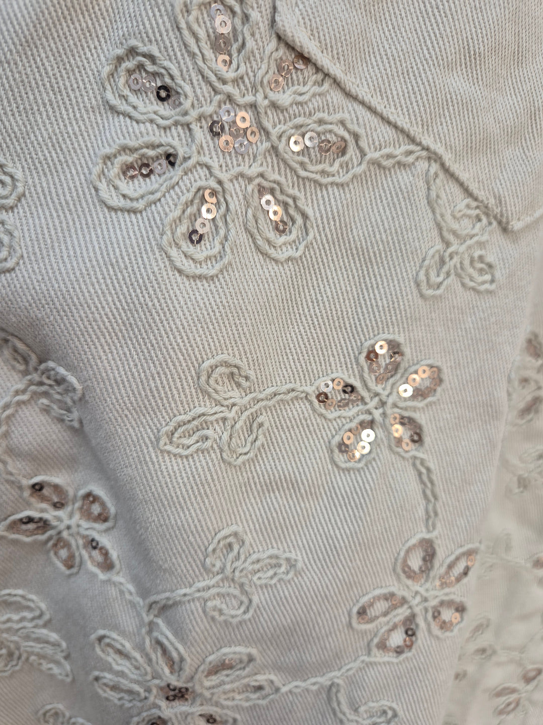 Dana Floral Sparkly Denim Shacket - Beige (One Size/Curvy, fitting from Size 10/12 up to Size 18)