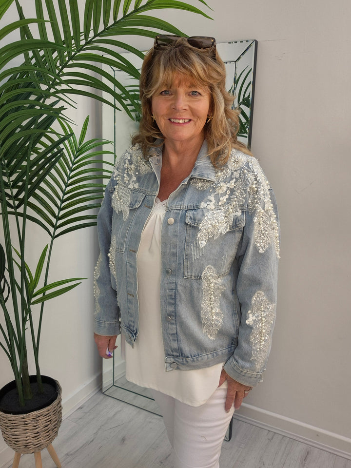 Angelica Crystal & Pearl Denim Jacket - Stonewashed (Oversized)