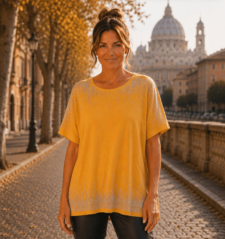 Oversized Tee Shirt with Sparkles - (One Size, fits Size 14 up to Size 18) - Mustard