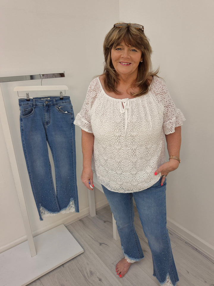 Crystal & Crochet Lace Flare Jeans - (choose your Size)