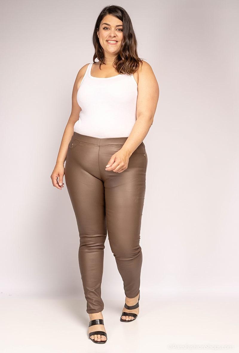 Emma Pull On PU Coated Jeans - Chocolate (choose your Size)