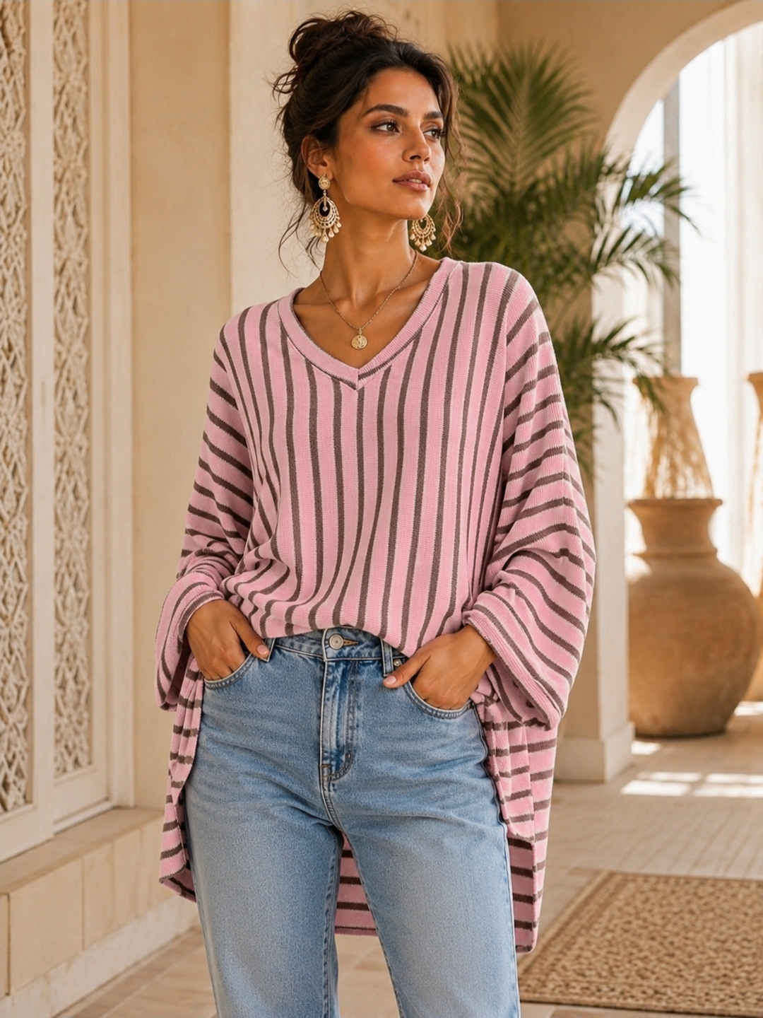 Emily Striped Fine Knit Top with Hi Lo Hemline - (Oversized/Curvy - fits Size 16 to Size 20) - Pink/Chocolate