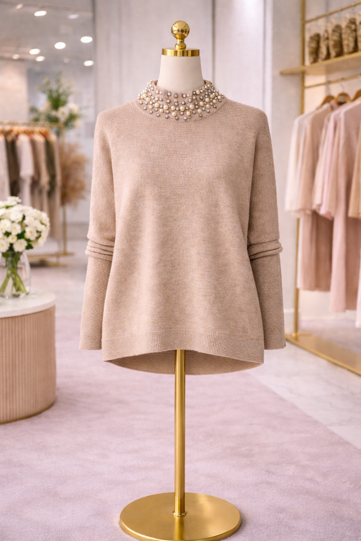 Crystal & Pearl High Neck Jumper - Natural (One Size fitting from Size 12 to Size 16)