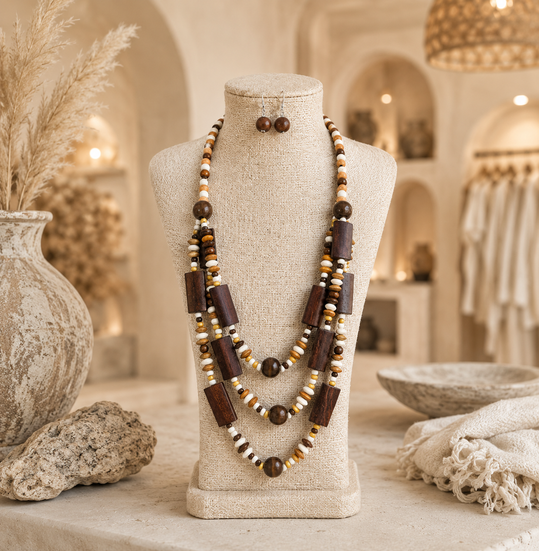 Statement Necklace & Earrings Set - 3 Strands with Chunky Beads - Chocolates/Naturals/Creams/Rusts