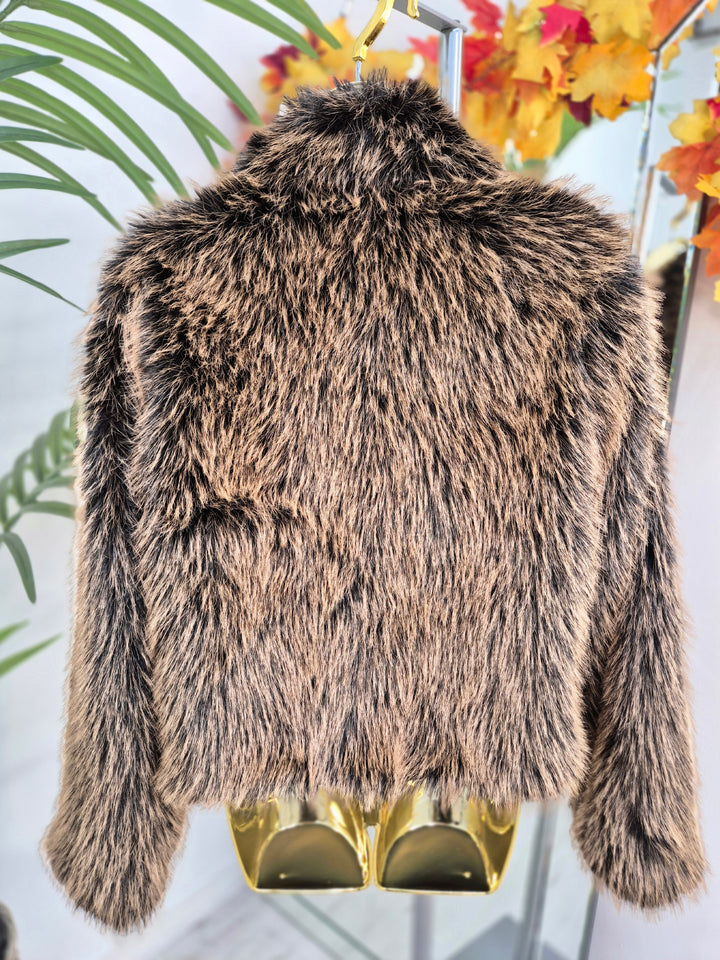 Oslo Faux Fur Jacket with Shawl Collar & Zip (One Size - fits from 10 up to Size 16) - Chocolate
