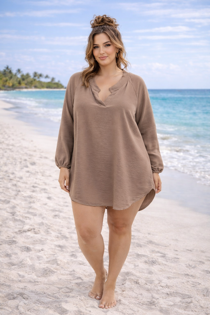 Mandy Mandarin Collar Blouse - Coffee (One Size/Curvy - fitting from Size 16 up to Size 20)