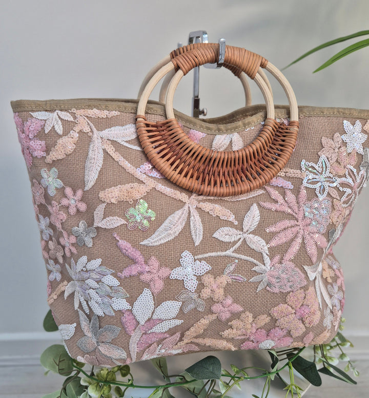 Floral Sequins Bamboo Summer Bag - Pink