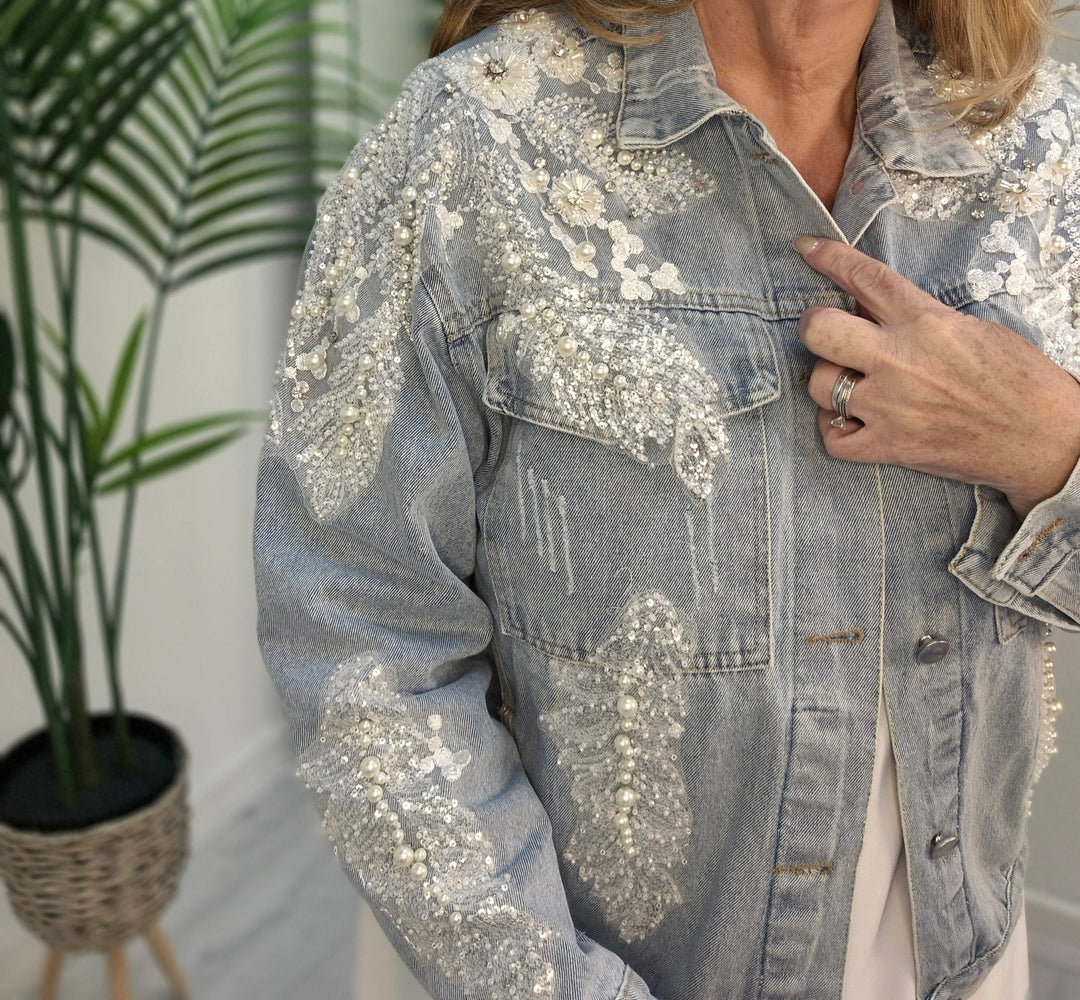 Angelica Crystal & Pearl Denim Jacket - Stonewashed (Oversized)