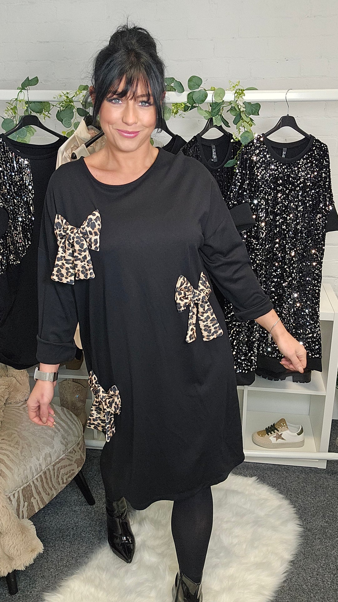 Liza Leopard Bow Dress - Black
