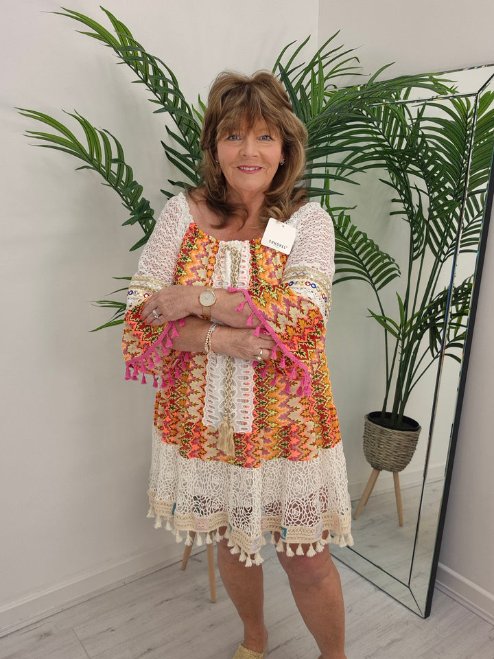 Trinidad Bardot Kaftan/Beach Dress - White/Multi (Oversized)