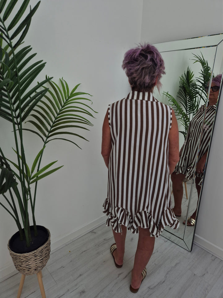 Seville Sleeveless Frilled Hem Dress - (One Size, fitting up to Size 16) - Floral Chocolate/White Stripes