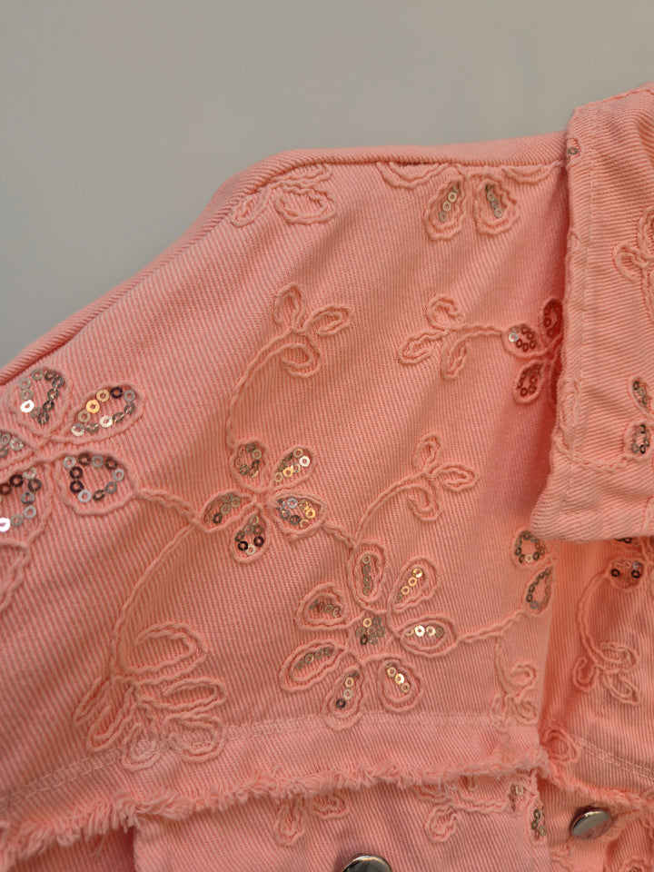 Dana Floral Sparkly Denim Shacket - Coral (One Size/Curvy, fitting from Size 10/12 up to Size 18)