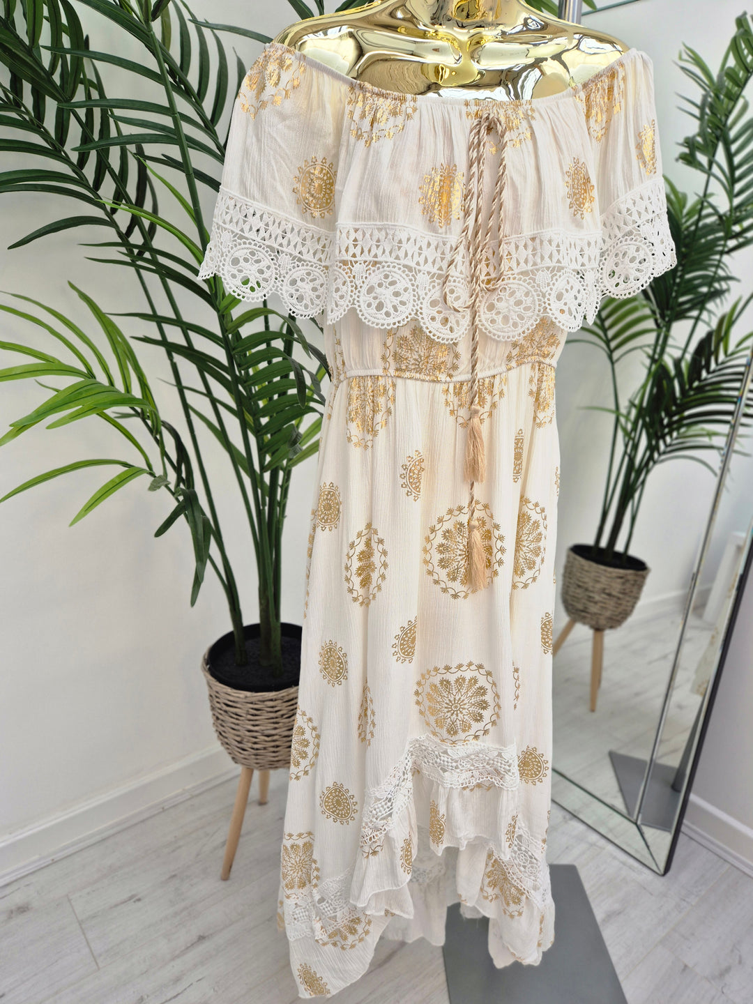 Ibiza Florals Bardot Dress - White/Gold (One Size, fits up to Size 16)