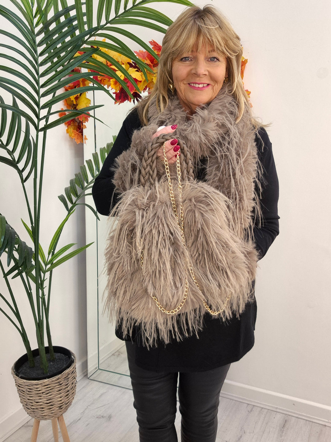 Oslo Faux Fur Shaggy Bag with Dual Handles & Chain Strap - Mocha