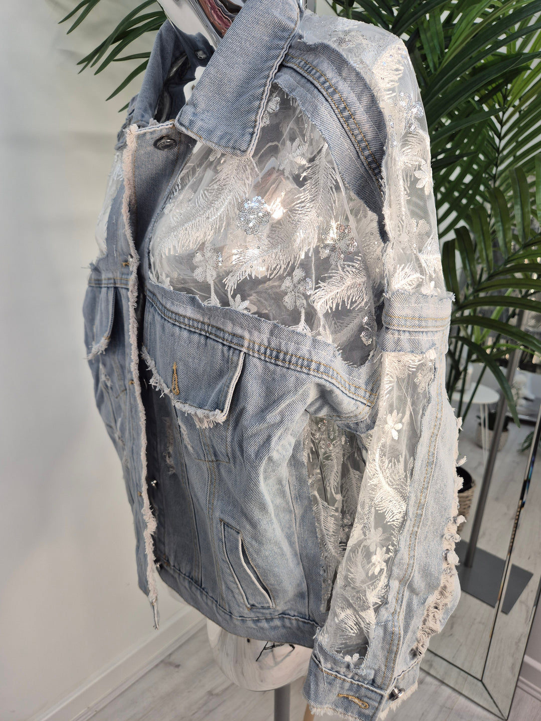 Angelina Denim Jacket with Sequins, Embroidered Feathers & Florals - (One Size - fitting Size 10 to Size 16)