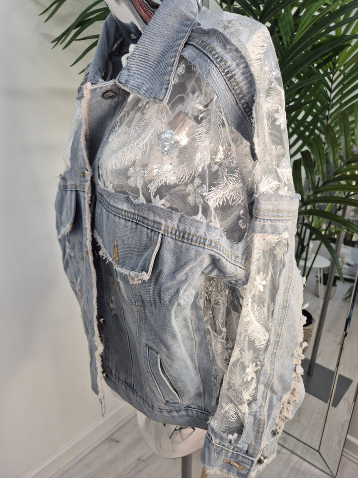 Angelina Denim Jacket with Sequins, Embroidered Feathers & Florals - (One Size - fitting Size 10 to Size 16)
