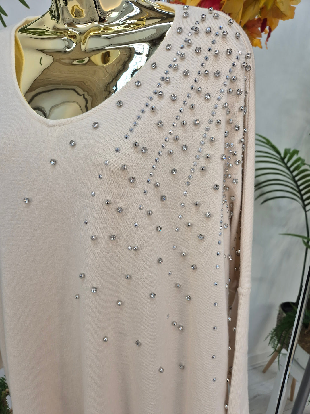 Celine Crystals, Pearls & Diamantes Oversized Jumper with V Neck (choose your Colour) (One Size/Curvy, fits from Size 12 up to Size 18)
