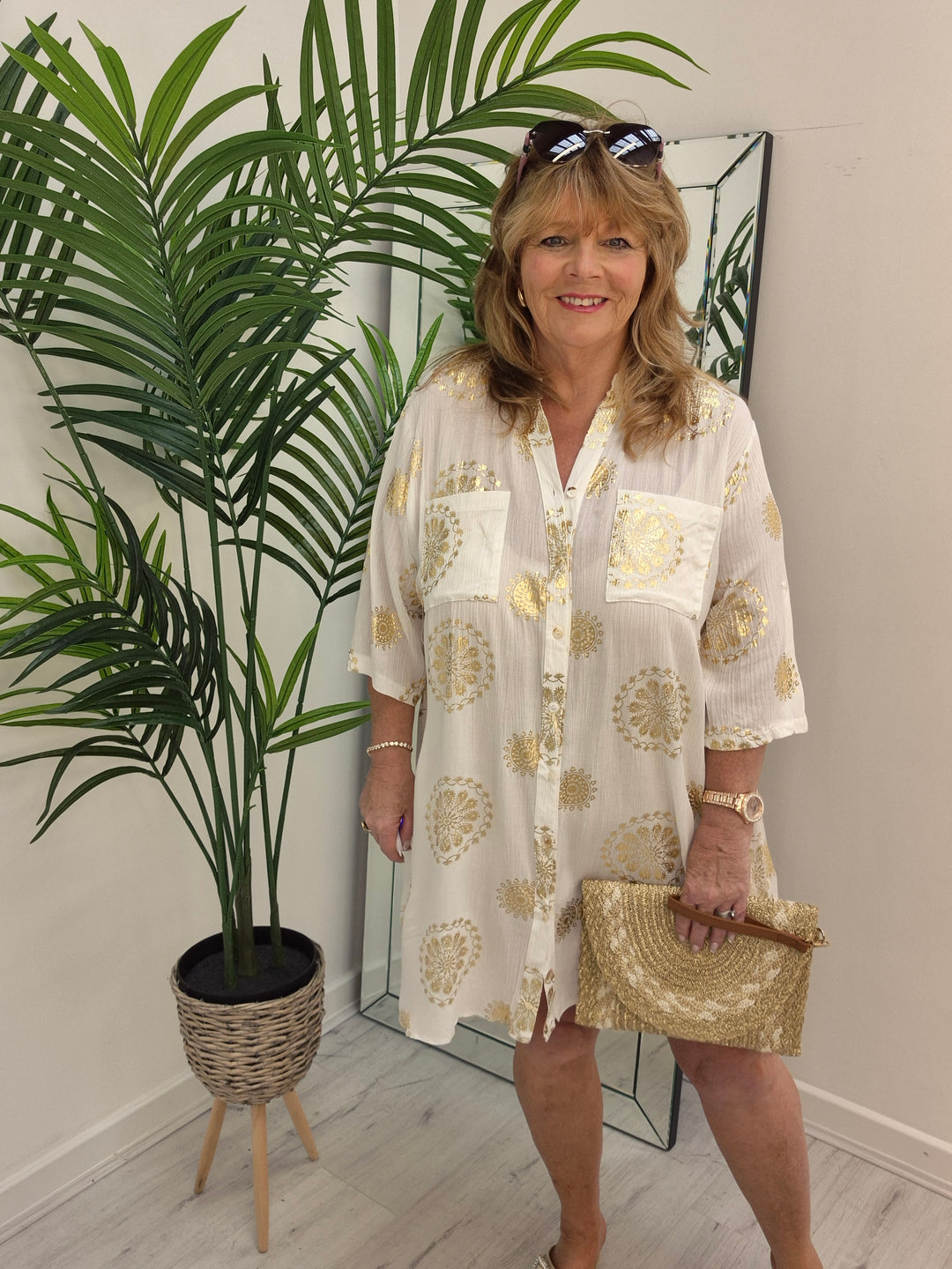 Ibiza Florals Shirt Dress - (Loose Fit) - White/Gold