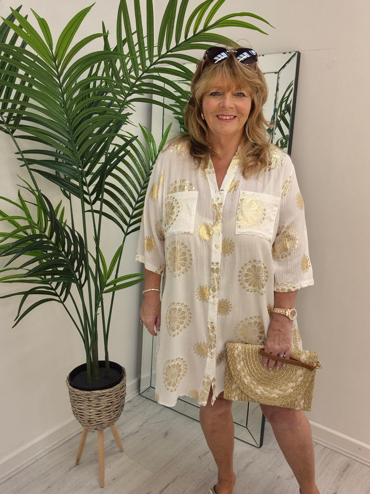 Ibiza Florals Shirt Dress - (Loose Fit) - White/Gold