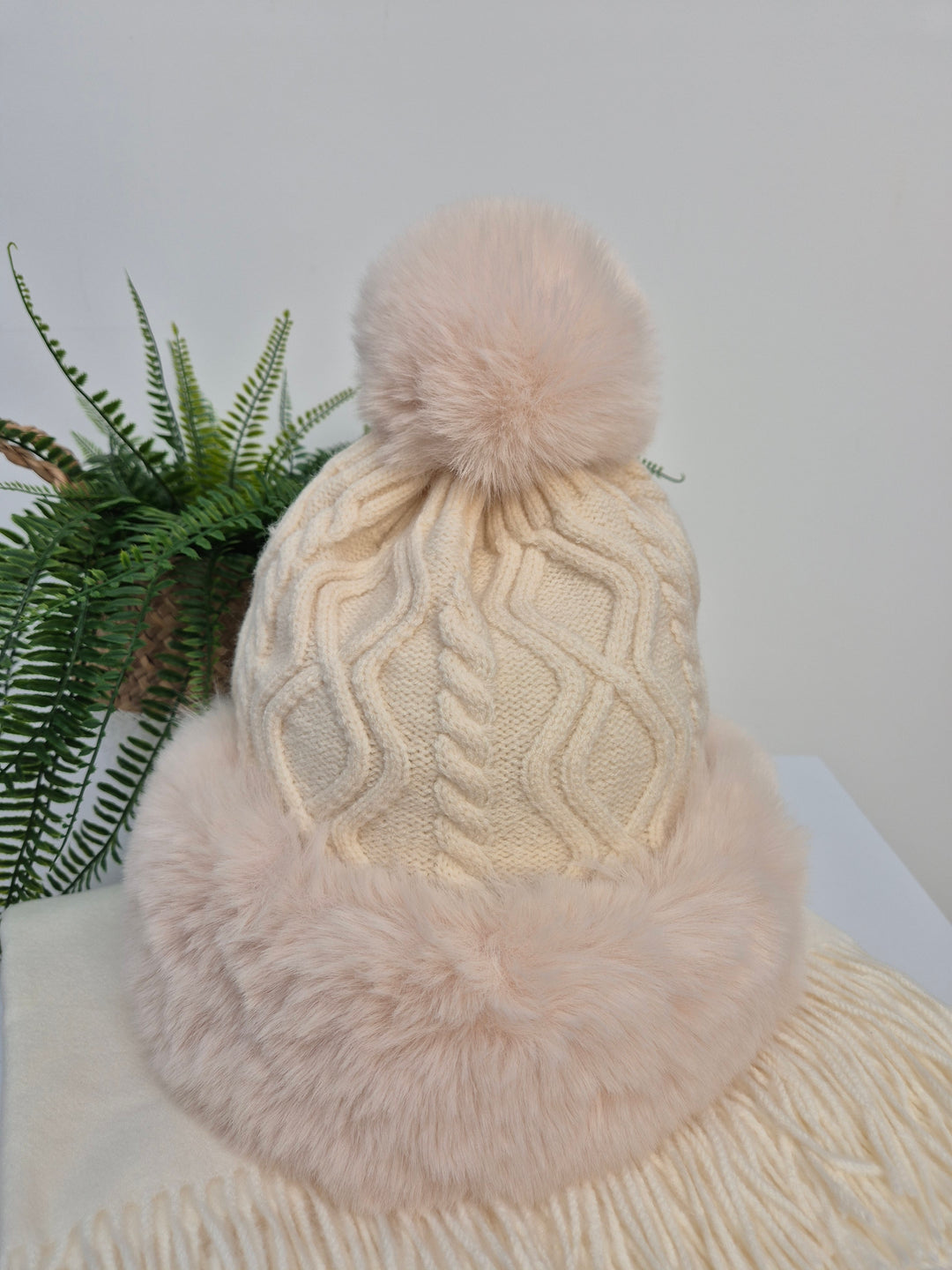 Oslo Faux Fur Pom Pom Cable Hat & Soft Feel Brushed Tassel Scarf Bundle - Cream