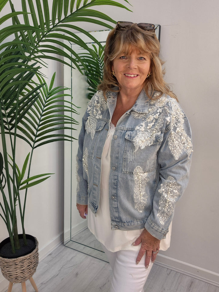 Angelica Crystal & Pearl Denim Jacket - Stonewashed (Oversized)